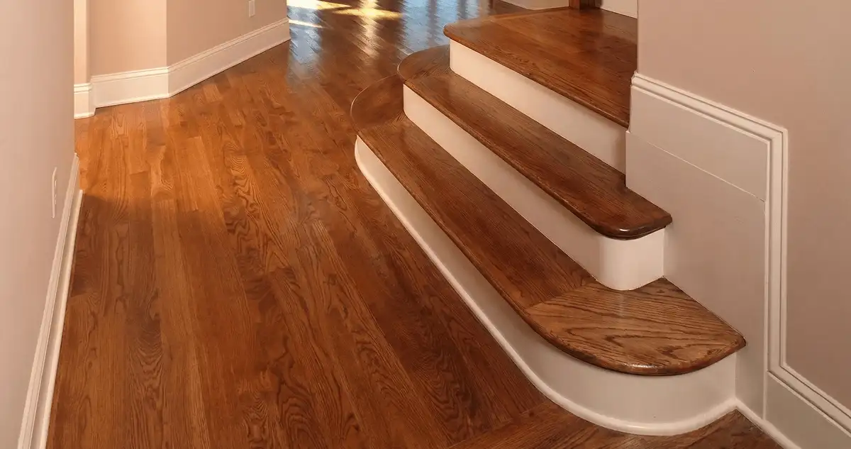 Base floor of a staircase with professionally restored wood flooring in Cape Coral FL
